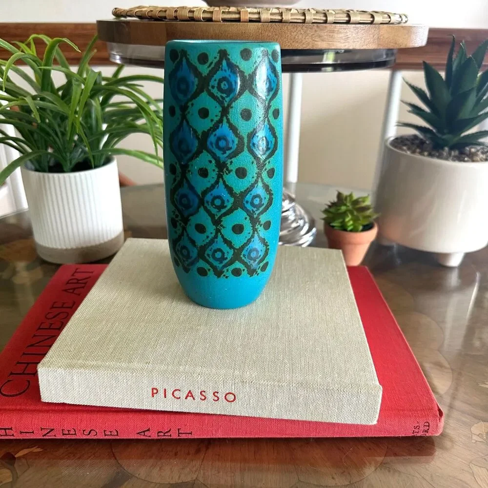 Vintage MCM Sasha Brastoff Turquoise Blue Art Pottery Bud Vase Peacock Design